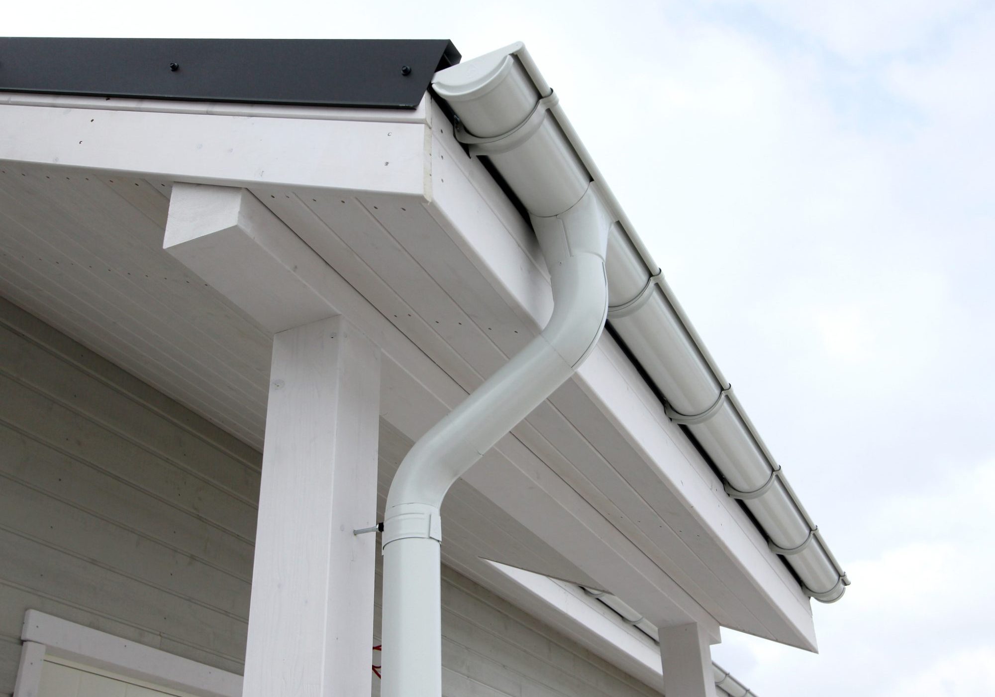 Wood house construction, roof and gutter.