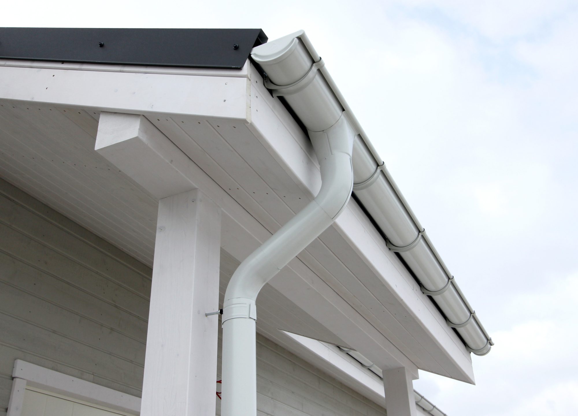 Wood house construction, roof and gutter.